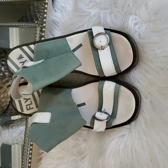 Fly London Sage Green White Platform Heel Wedges Fun Sandals - Picture 7 of 16